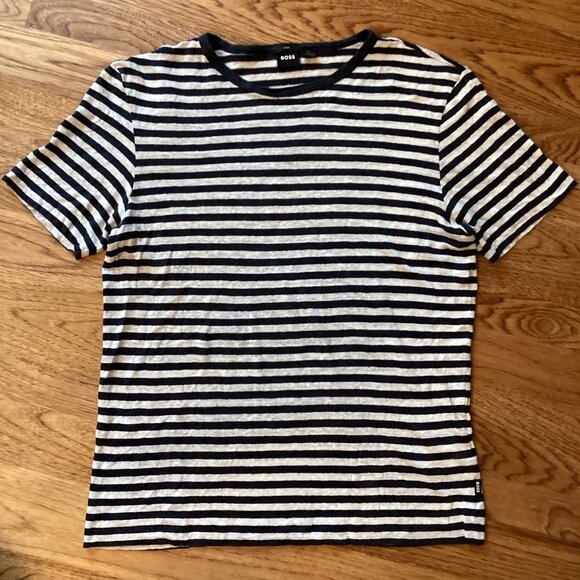 NEW! HUGO BOSS MEN'S Pure Linen Regular-fit T-shirt Blue Stripe MEDIUM CLASSIC - Picture 3 of 5